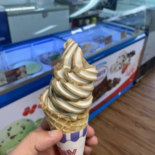 Vanilla soft serve with chocolate swirl.