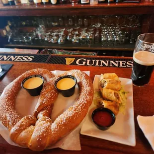 Soft pretzel and philly cheesesteak egg rolls