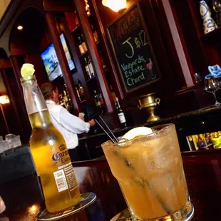 Horse Neck...Makers Mark, fresh lemon, honey, ginger elixir...and a Corona (for my heathen buddy). Aloha :)