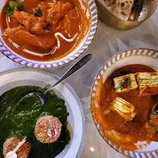 Main dishes- butter paneer, butter chicken, butternut squash kofta in saag