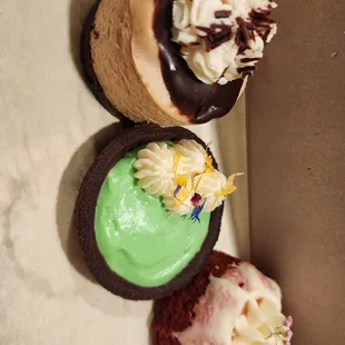 Irish cream cheesecake, mint cream pie, red velvet bundt cake.