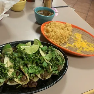Beef fajita street tacos  I got mine without pico! Also comes with rice and beans