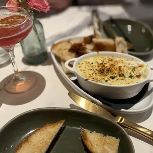 Artichoke Dip and pomegranate martini