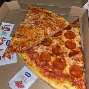 Pepperoni and cheese slice. Bigger than they look in the photo ans tasty!