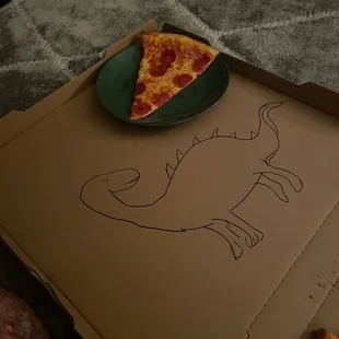 An amazing dinosaur drawing, also Pepperoni Pizza