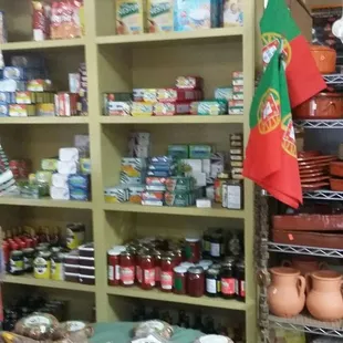 a shelf of food items