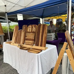 a display of wooden cutting boards