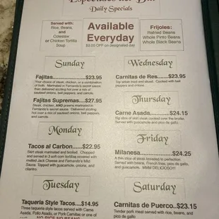 Specials - all are available every day; it's just cheaper one day a week.