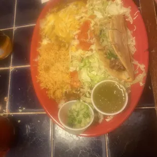 #2 Fernando&apos;s Favorite beef taco and  enchilada plate with side of beans and rice