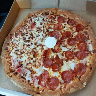 Half cheese and pepperoni. Carry out special