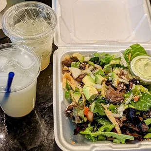 Steak fajita salad and margaritas