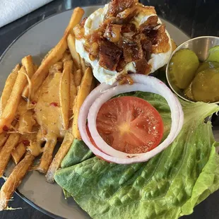 GOAT burger with pimento cheese fries