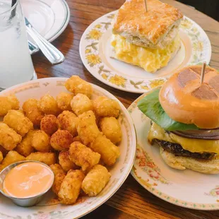 Tater Tots, Dry Aged Cheeseburger, Egg &amp; Cheese Biscuit w/ Sausage