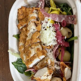 Antipasto Salad with Fried Chicken