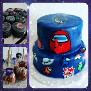 pastel de chocolate con relleno de fresas macarrones y manzanas con chamoy #fernysbakery #amonguscakes #amongusparty #amongus #amongusgame