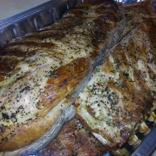 a large piece of meat in a pan