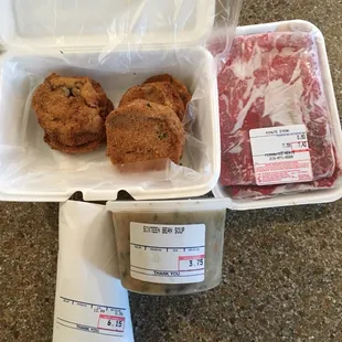 Some takeout. Perfect eggplant. Quality steak sandwich meat some Italian style multi bean soup and stew meat.