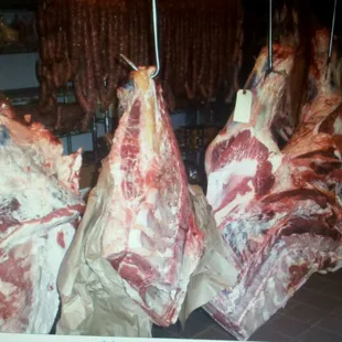 Fresh hanging meat - an unusual site in butcher shops anymore but you can still find it at Ferrante&apos;s