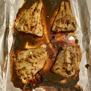 Broiled pieces of black cod fillets, so fresh tasting