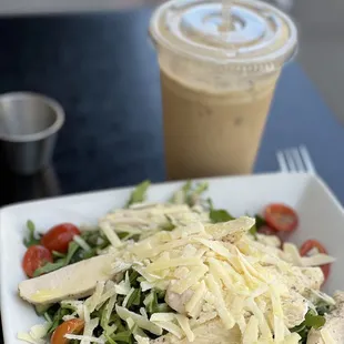Arugula chicken salad and chai iced latte