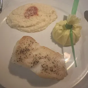 Sea Bass with cauliflower puree (that's a lemon half on the right)