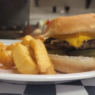 a hamburger and fries