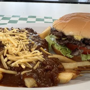 Double cheeseburger with chili cheese fries.