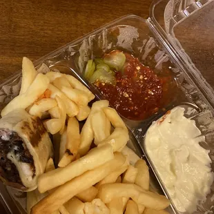 Mixed Chicken and Beef Shawarma with Fries, Harissa, and Tahini Sauce