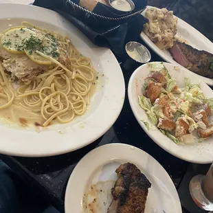 Lemon chicken, Delmonico steak, house salad with ranch.