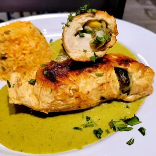 Poblano stuffed chicken breast with creamy poblano sauce