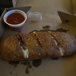 Stromboli! Mine is loaded with pepperoni, bacon and meatballs.