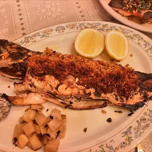 Whole grilled branzino