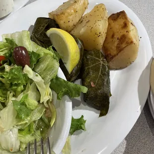 Dolmathes (3), Greek Potatoes, Side Salad