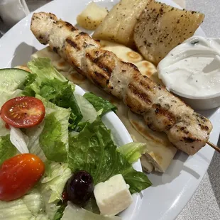 Chicken Souvlaki, Greek Potatoes, Side Salad