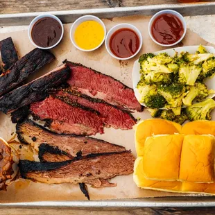 brisket, pastrami, ribs, beans w/ burnt ends, broccoli