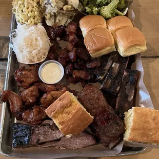 Chicken Wings, pork Ribs, Beef Brisket, Beef Rib, macaroni salad, Potato Salad, Broccoli Salad, Sauerkraut