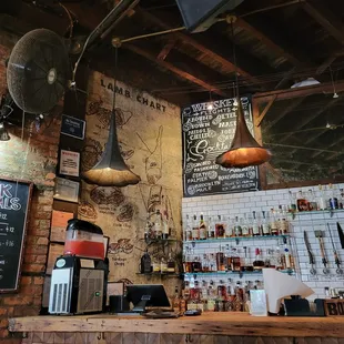 a bar with a brick wall