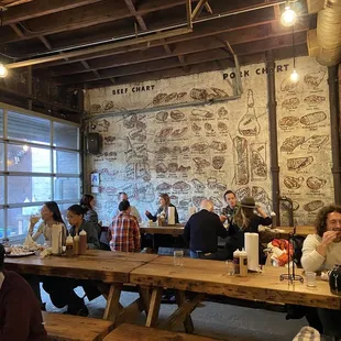 Inside eating at long tables