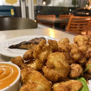 Cauliflower Wings, Crispy Floretine Salmon