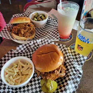 Pulled Pork Sandwiches homemade cucumber salad and Macaroni salad