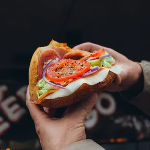 a person holding a sandwich