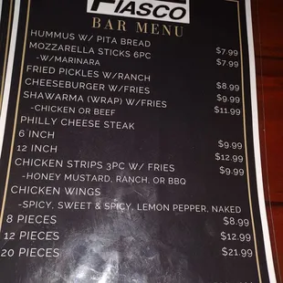 Bar food menu