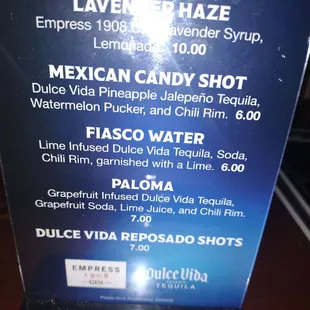 Drink menu