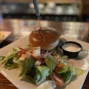 Hatch green chili burger with side salad