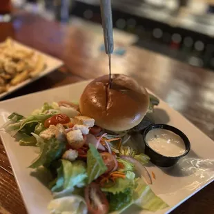 Hatch green chili burger with side salad