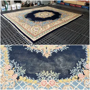 Urine damage on hand woven area rug (before and after)