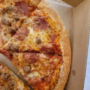 Pepperoni and "Italian" sausage pizza