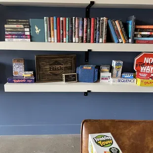  shelves of books and a stop sign