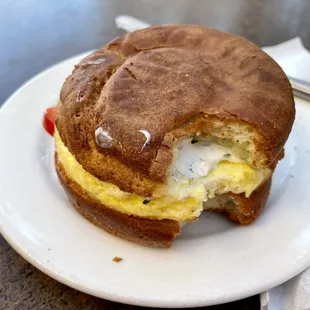 Veggie egg sandwich with herbed goat and cream cheese spread
