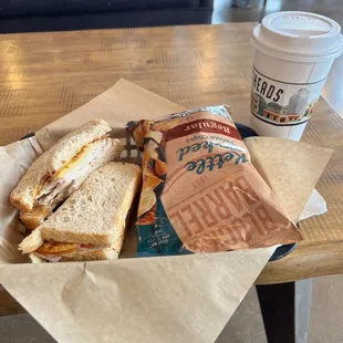 Turkey sandwich and latte